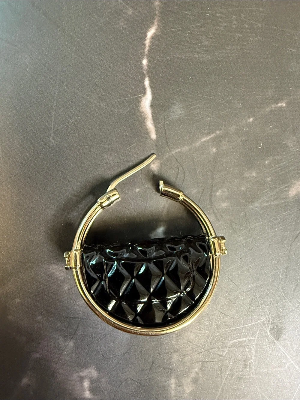 CHANEL Silver-Tone Hoops with Black Quilted Enamel CC Detail